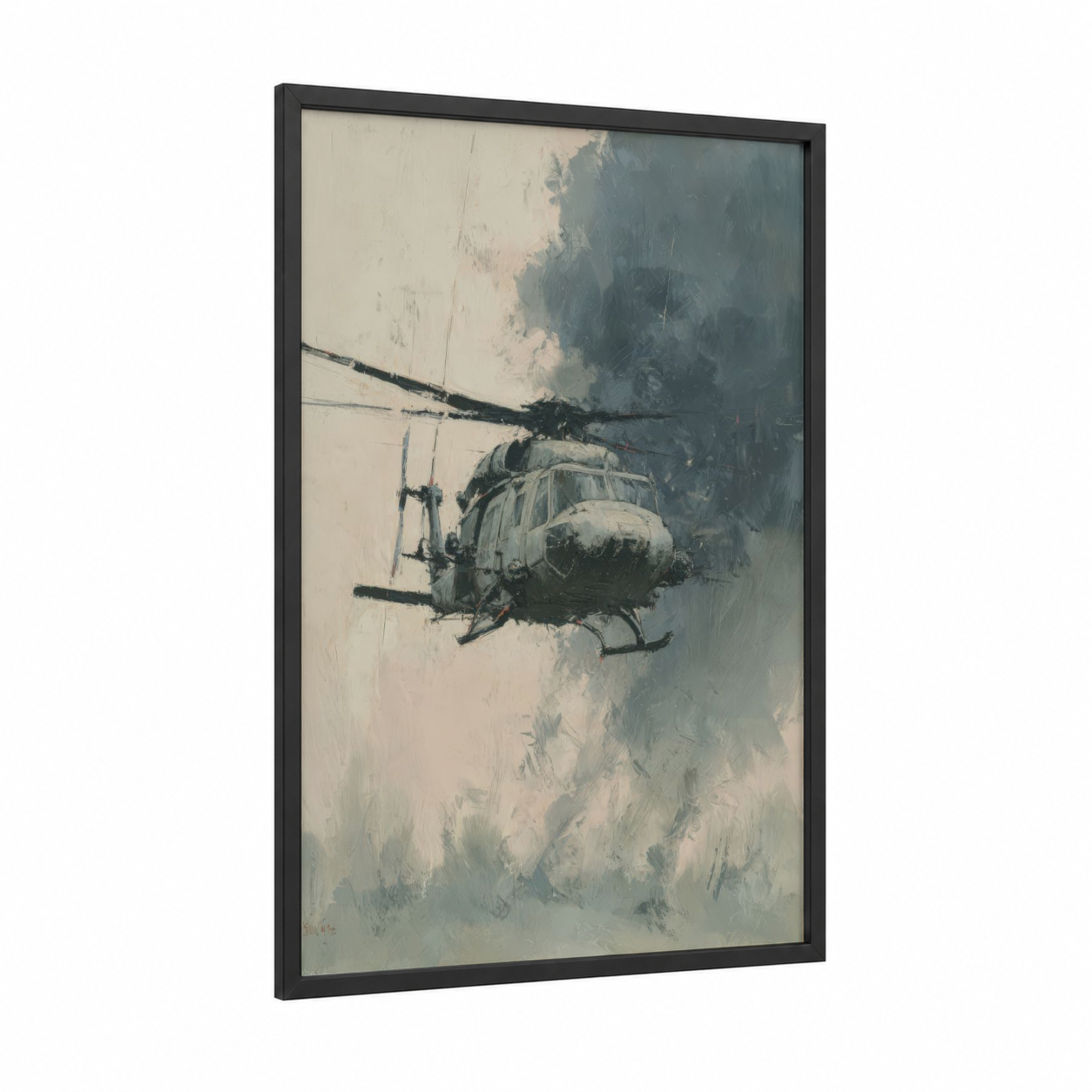 Hovering Helicopter framed art print — black wood frame — gray and cream palette