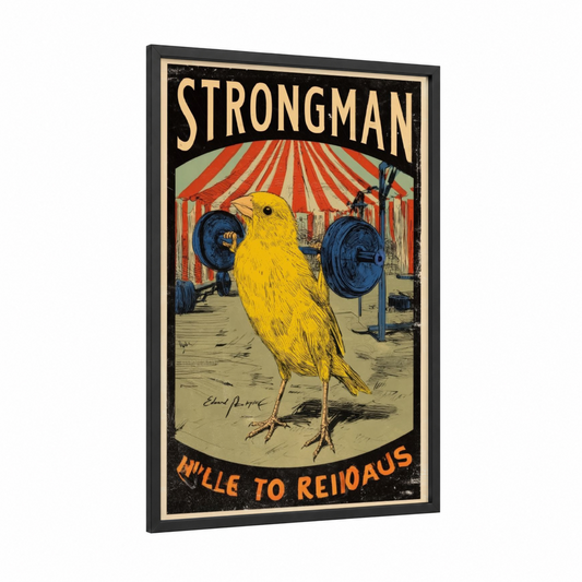Strongman Canary framed canaries print — black wood frame — gold and red palette