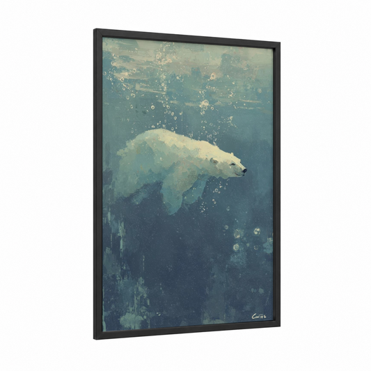 Ethereal Polar Bear framed art print — black wood frame — blue and white palette