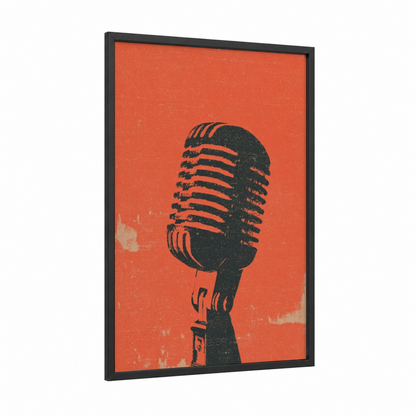 Vintage Microphone framed art print — black wood frame — black and red palette