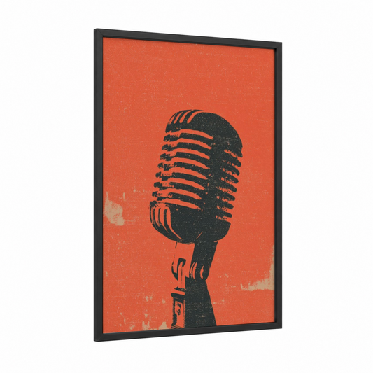 Vintage Microphone framed art print — black wood frame — black and red palette