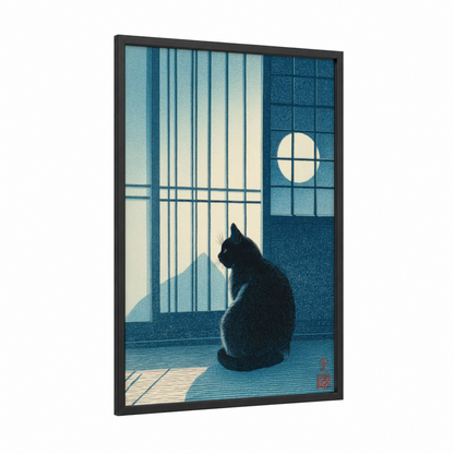 Moonlit Window Cat framed art print — black wood frame — teal and white palette