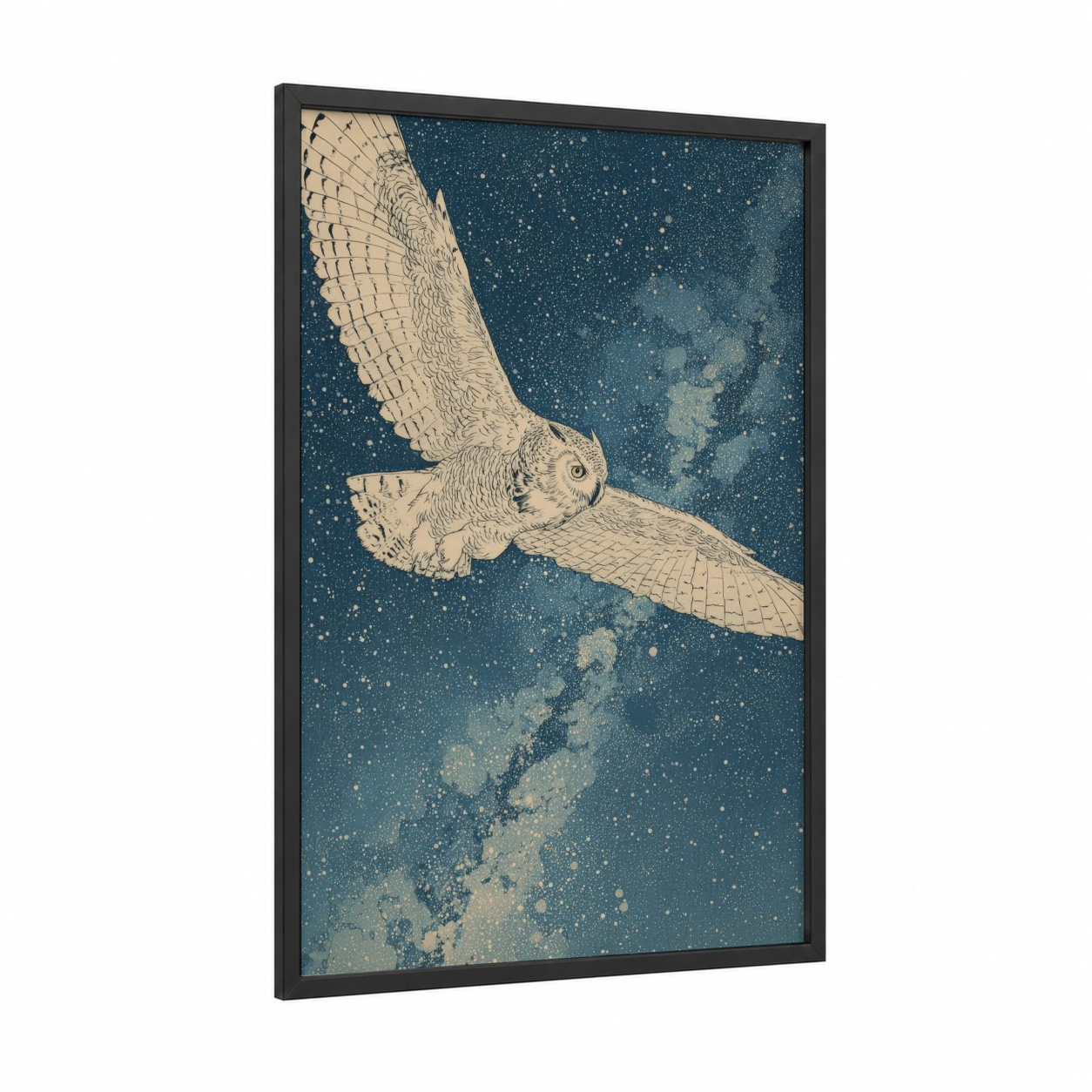 Snowy Owl Milky Way framed art print — black wood frame — dark blue and cream palette