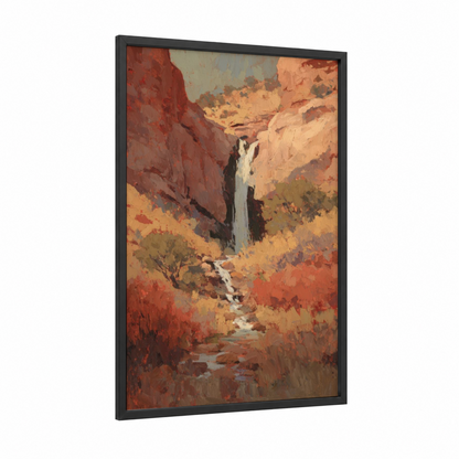 Desert Waterfall framed art print — black wood frame — russet and gold palette