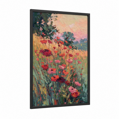 Crimson Ranunculus Field framed art print — black wood frame — red and gold palette