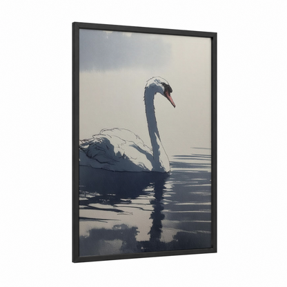 Serene Swan framed art print — black wood frame — white and gray and white palette