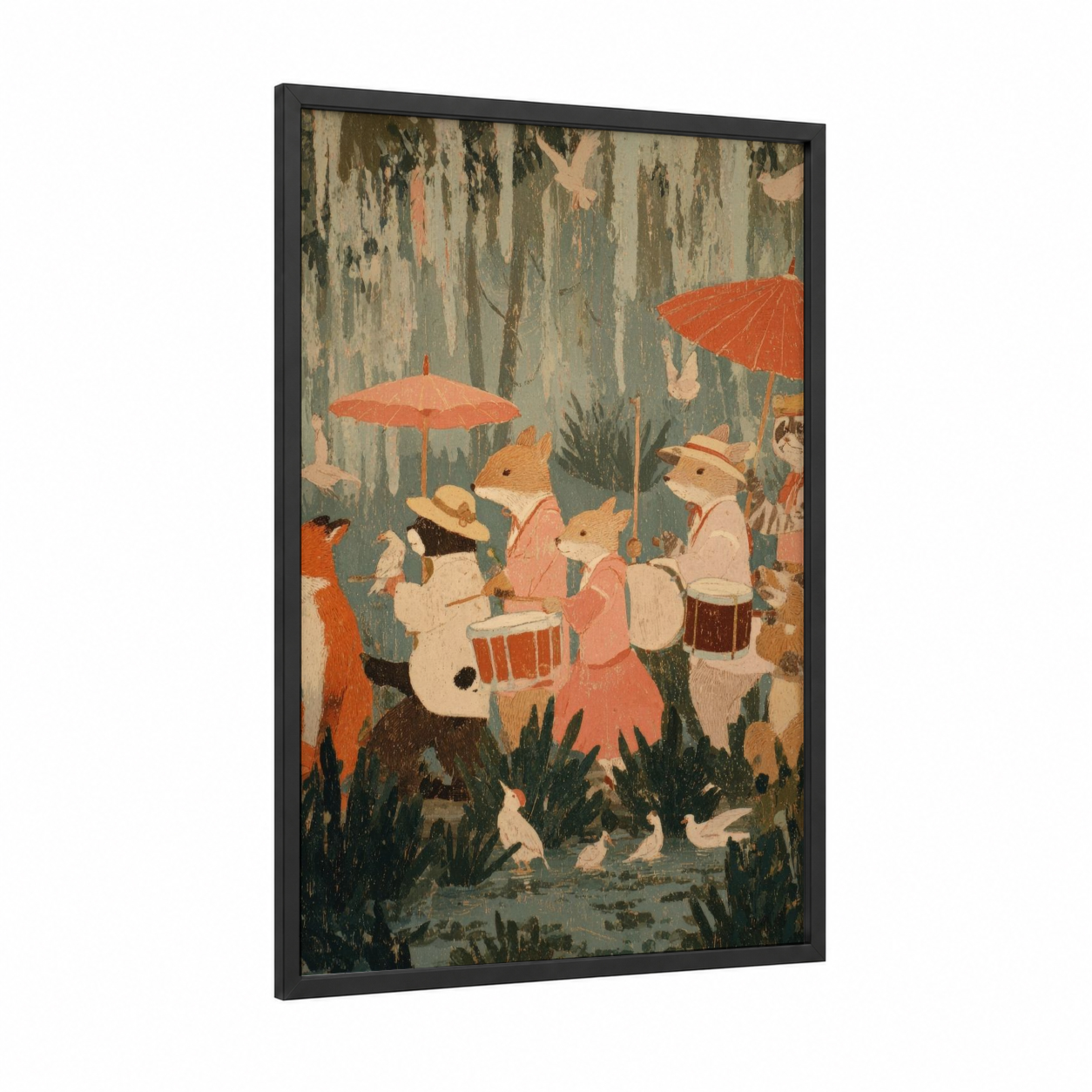 Rainy Mardi Gras framed art print — black wood frame — cream and sage green palette