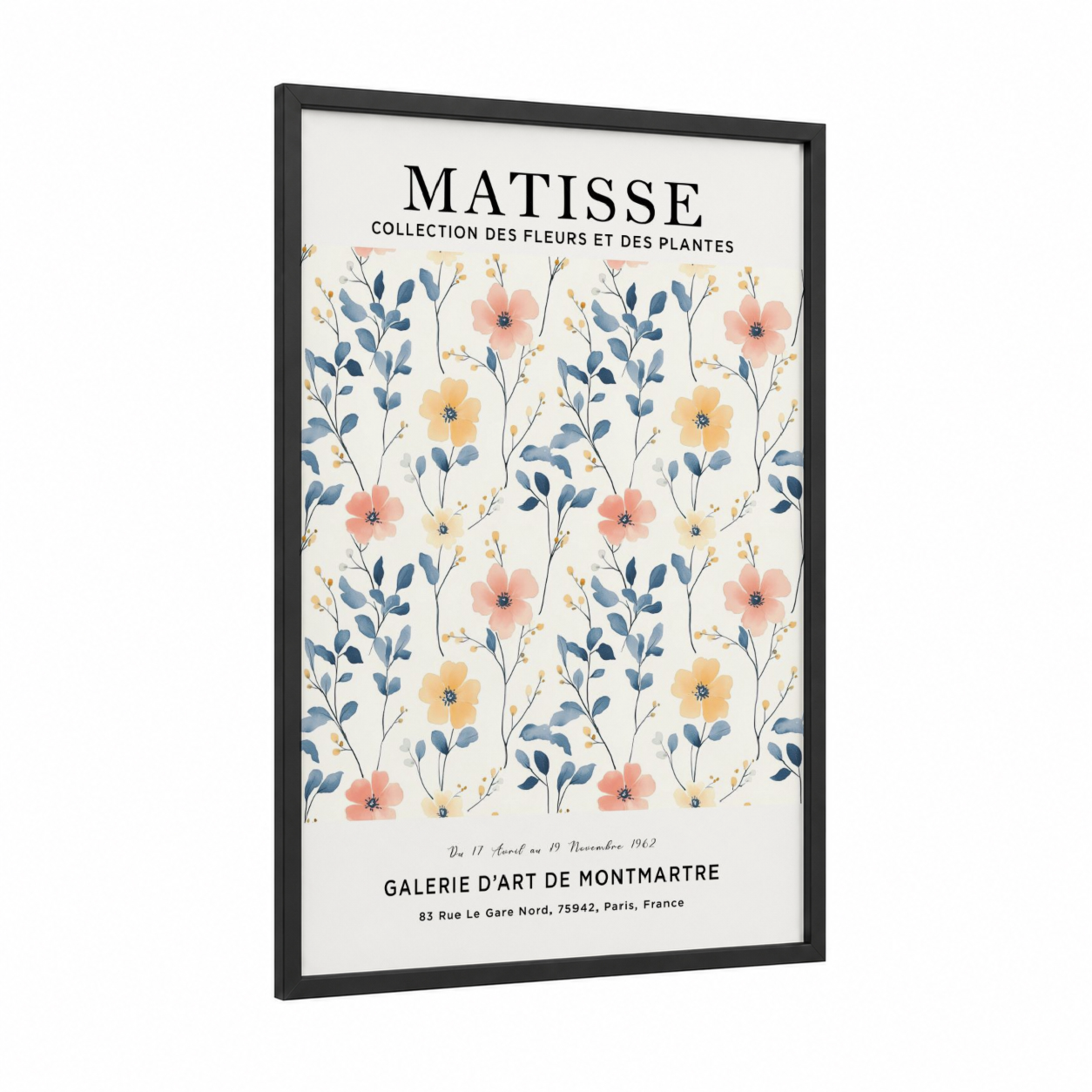 Matisse Floral framed abstract flower print — black wood frame — cream and blue palette