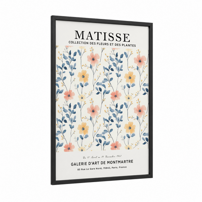 Matisse Floral framed abstract flower print — black wood frame — cream and blue palette