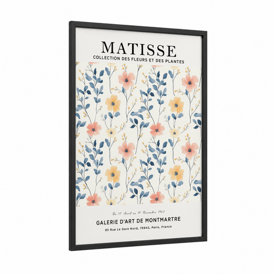Matisse Floral framed abstract flower print — black wood frame — cream and blue palette