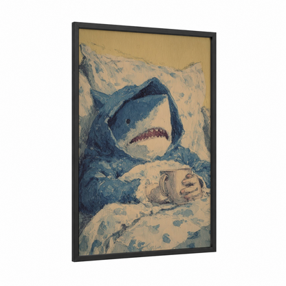 Cozy Shark framed blue shark print — black wood frame — blue and cream palette