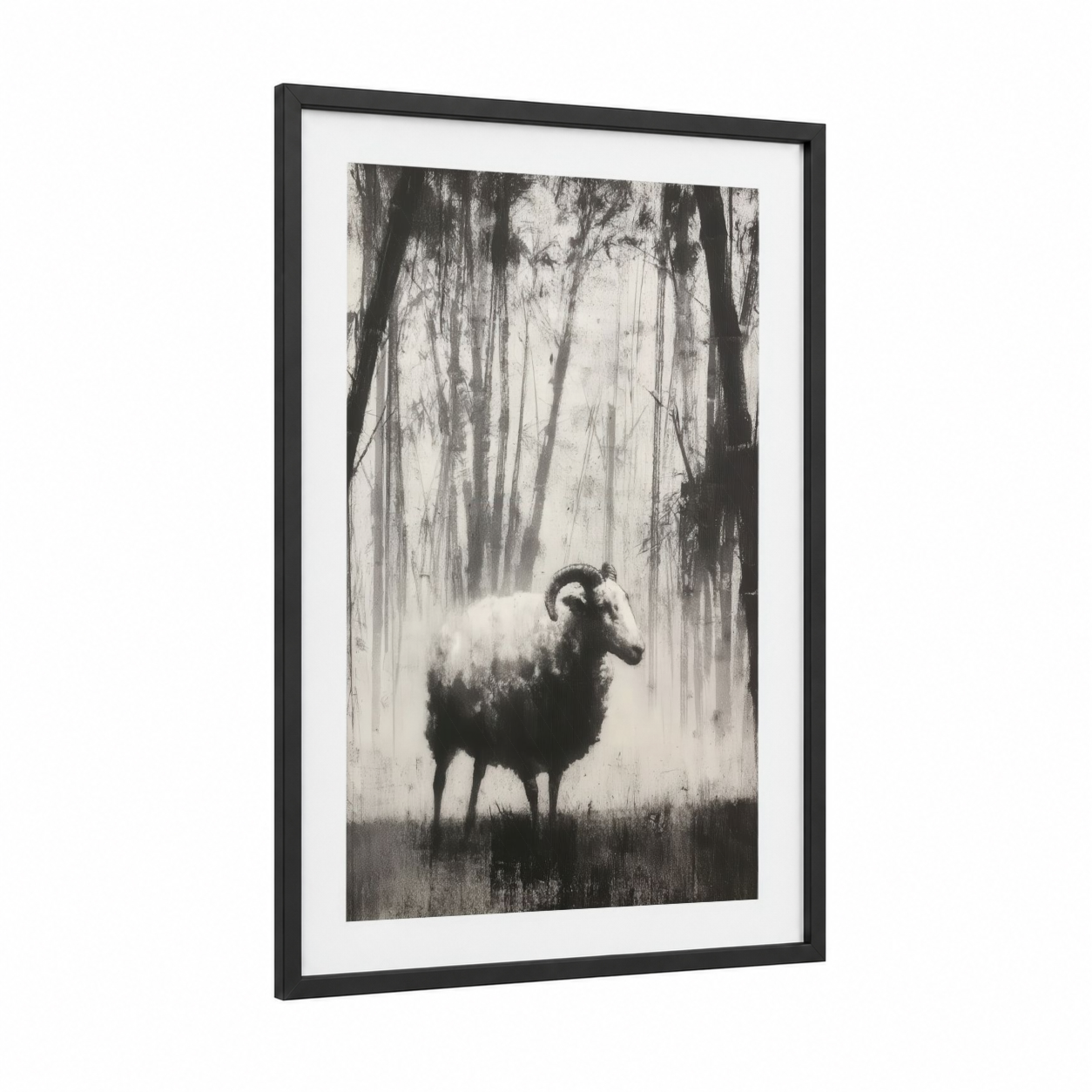 Misty Woodland Sheep framed art print — black wood frame — black and white and gray palette