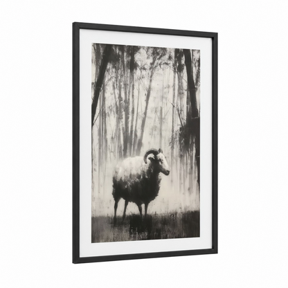 Misty Woodland Sheep framed art print — black wood frame — black and white and gray palette