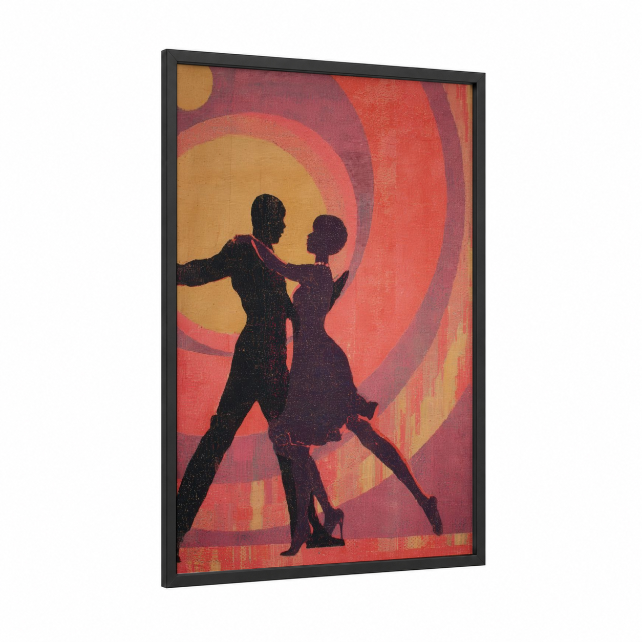 Vintage Swing Dance framed art print — black wood frame — orange and gold palette