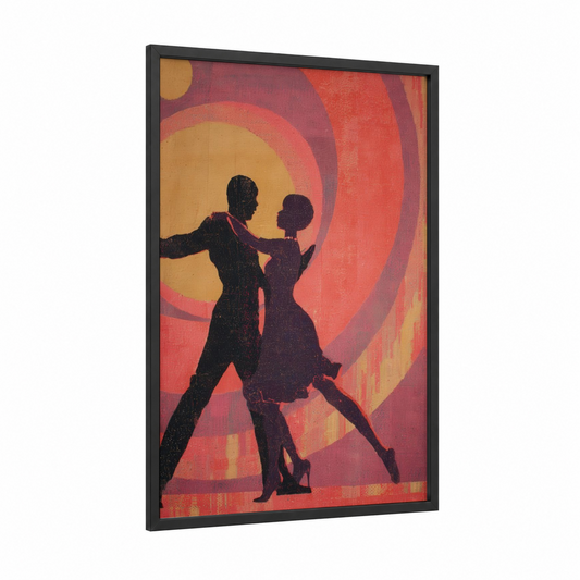 Vintage Swing Dance framed art print — black wood frame — orange and gold palette