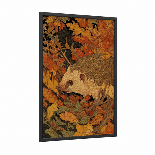 Autumn Hedgehog framed art print — black wood frame — gold and orange palette