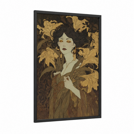 Gilded Vampire framed art print — black wood frame — gold and black and gold palette