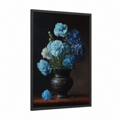 Blue Carnation Vase framed carnations print — black wood frame — blue and black palette