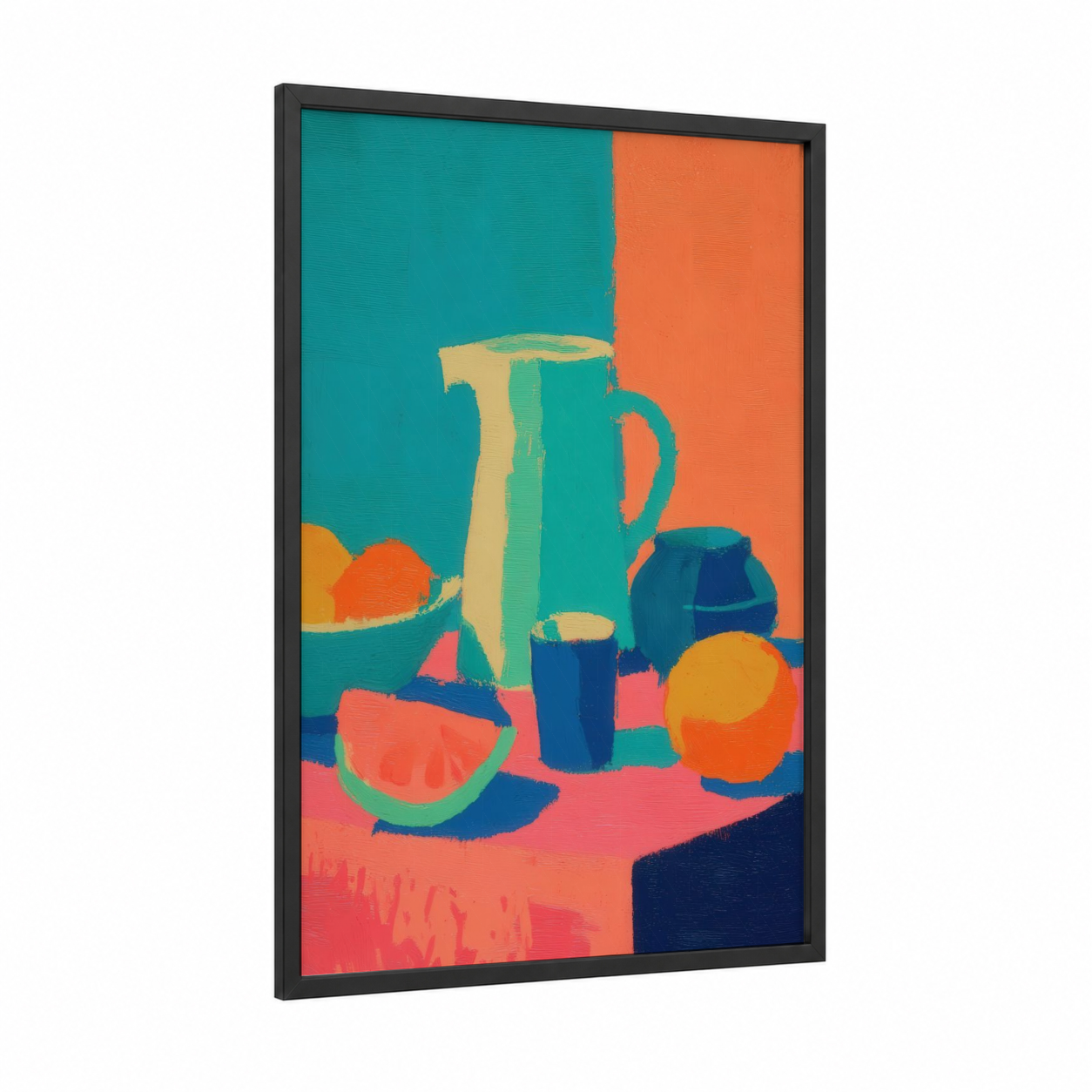 Citrus Salad Still Life framed art print — black wood frame — teal and orange palette