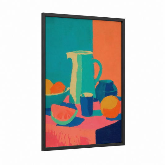 Citrus Salad Still Life framed art print — black wood frame — teal and orange palette
