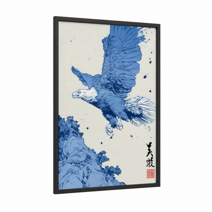 Soaring Eagle framed art print — black wood frame — blue and white palette
