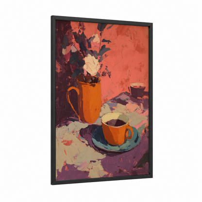 Warm Coffee Still Life framed art print — black wood frame — pumpkin and maroon palette