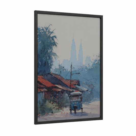 Misty Rickshaw framed art print — black wood frame — blue and russet palette