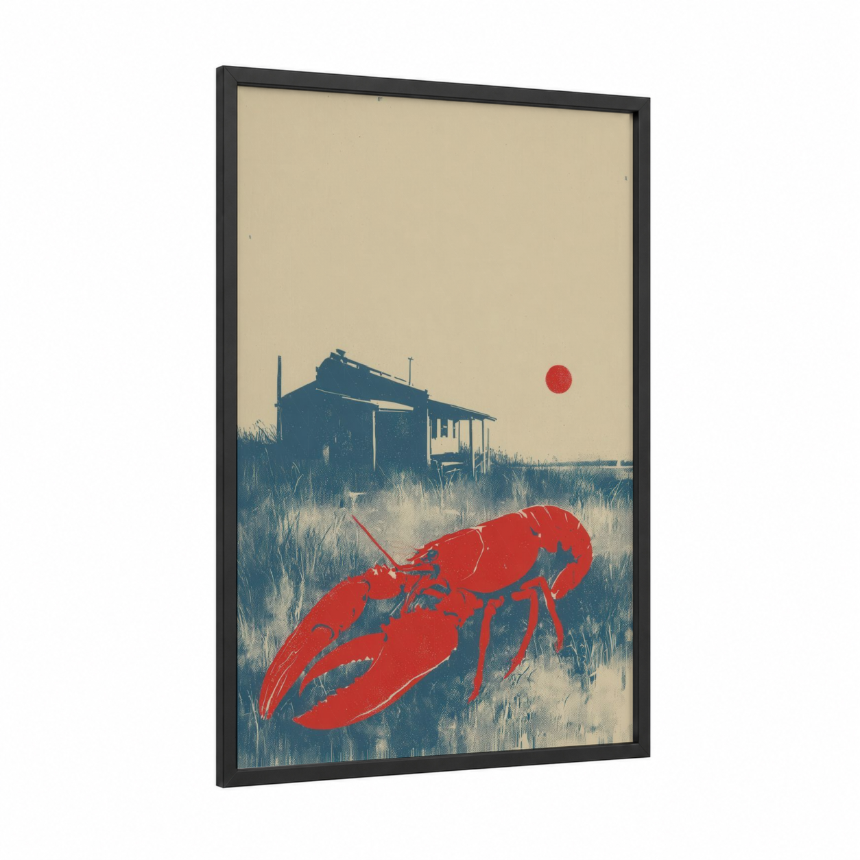 Crimson Lobster framed art print — black wood frame — red and beige palette