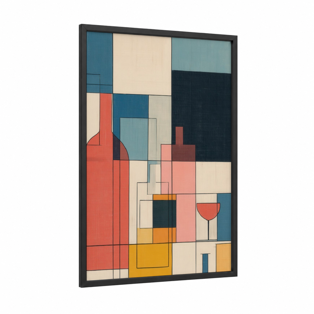 Geometric Wine Bottles framed wineries and cellars print — black wood frame — red and gold and white palette