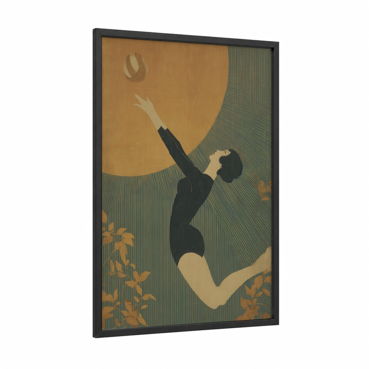 Golden Volleyball Leap framed art print — black wood frame — gold and dark green palette