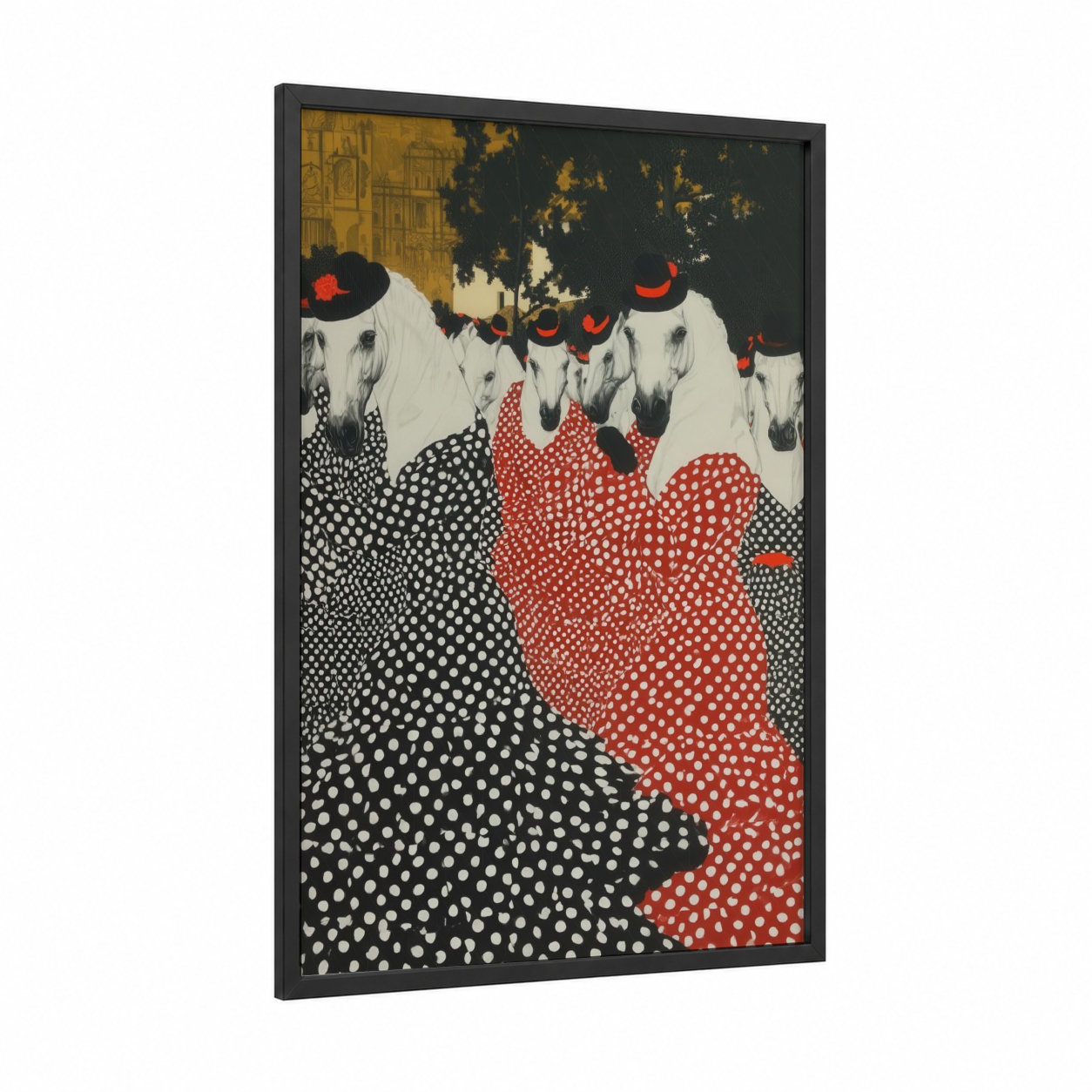 Elegant Andalusian Parade framed andalusian horse print — black wood frame — red and black and white palette