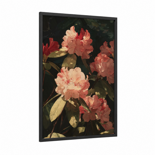 Sunset Rhododendrons framed art print — black wood frame — salmon pink and dark green palette