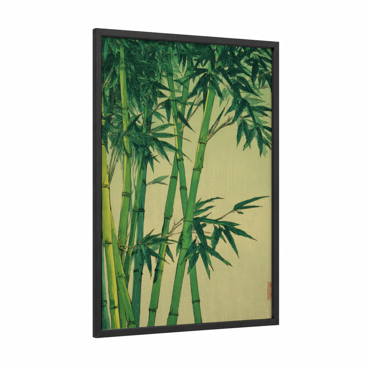Serene Bamboo Grove framed art print — black wood frame — light green and cream palette