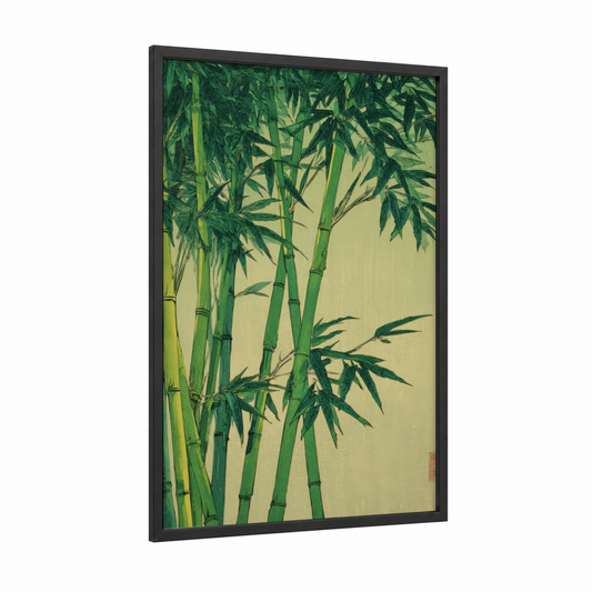 Serene Bamboo Grove framed art print — black wood frame — light green and cream palette