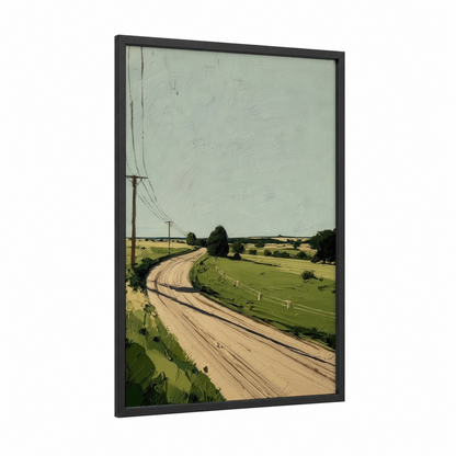 Rural Dirt Road framed various landscapes print — black wood frame — light green and beige palette