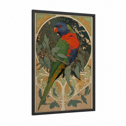 Vibrant Lorikeet framed rainbow lorikeet print — black wood frame — blue and gold palette