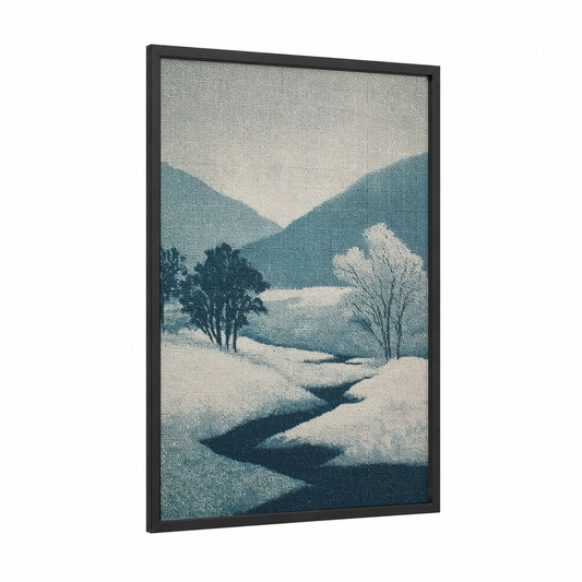 Winter River Beadwork framed art print — black wood frame — teal and cream palette