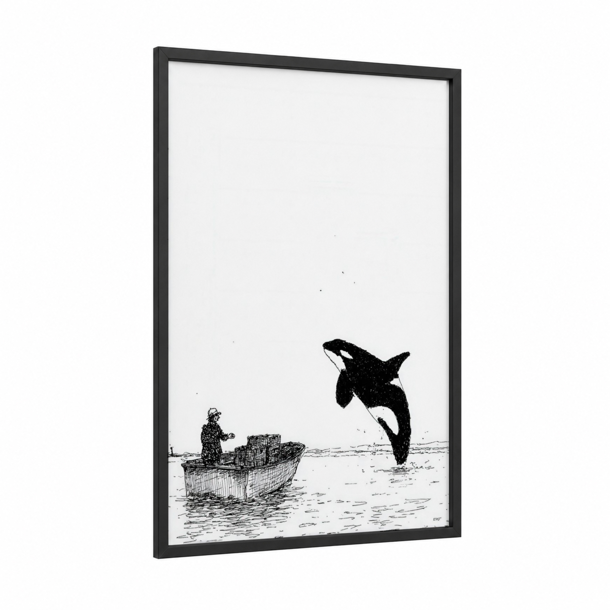 Orca Leap framed orca whale print — black wood frame — black and white palette