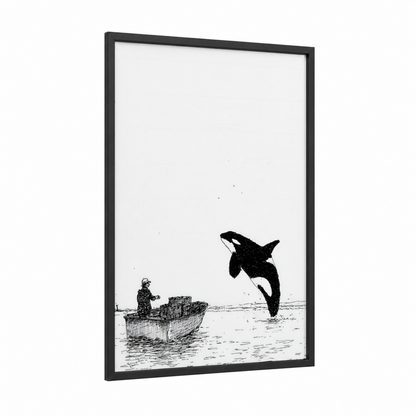 Orca Leap framed orca whale print — black wood frame — black and white palette
