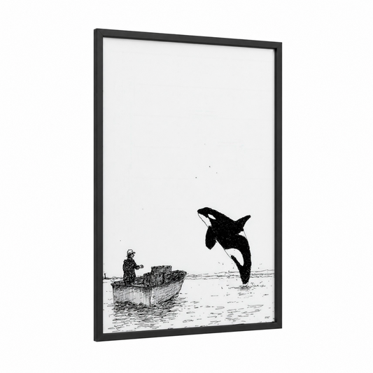 Orca Leap framed orca whale print — black wood frame — black and white palette