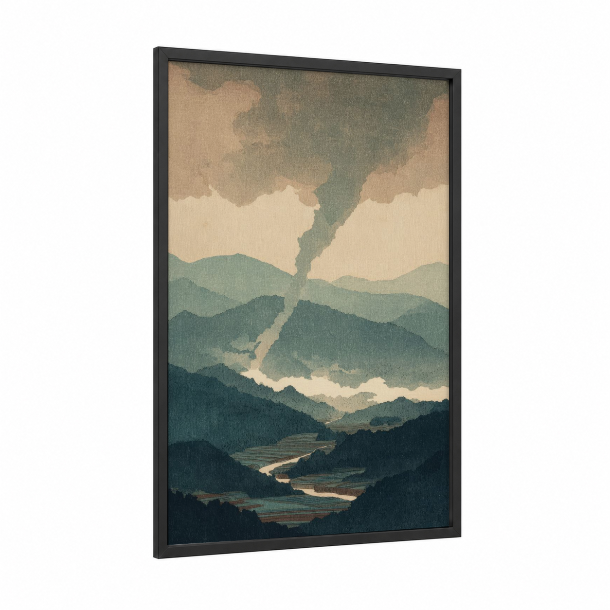 Storm Valley Tornado framed art print — black wood frame — sage green and cream palette