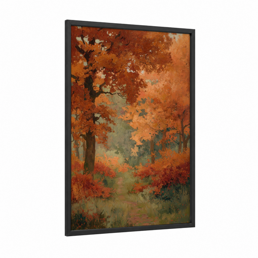 Autumn Oak Forest framed art print — black wood frame — russet and sage green palette