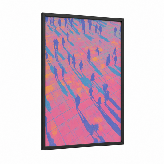 Disco Crowd framed art print — black wood frame — magenta and blue palette