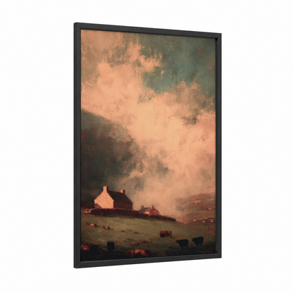 Misty Farm Cottage framed art print — black wood frame — peach and dark green palette
