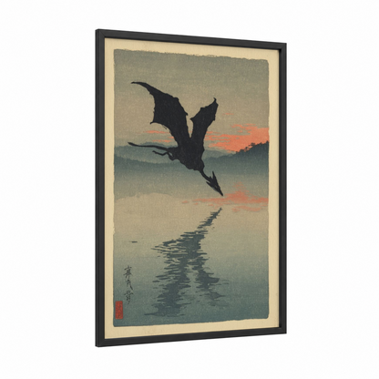 Sunset Pterosaur framed dinosaur print — black wood frame — gray and salmon pink palette