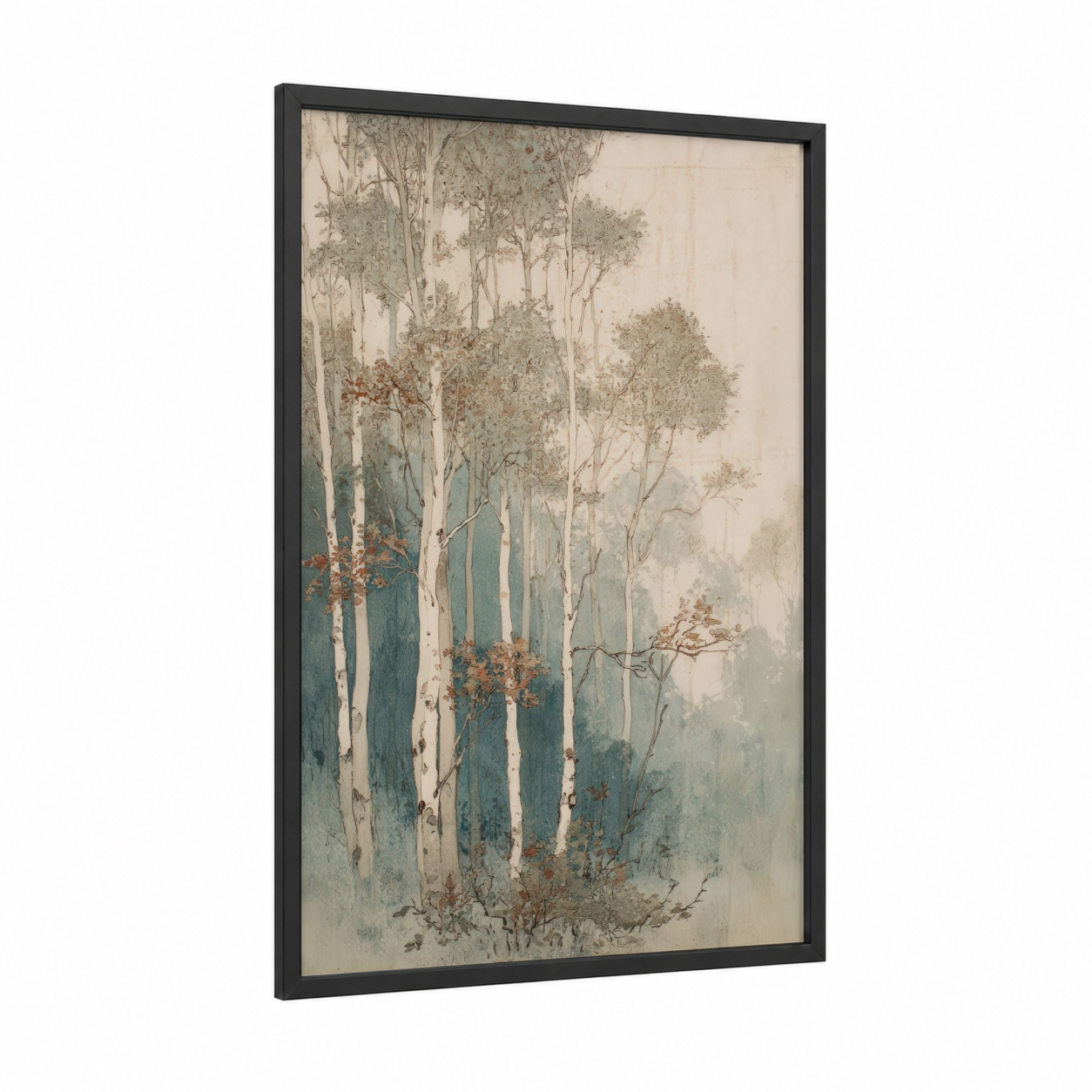 Misty Birch Forest framed birch tree print — black wood frame — dove gray and teal palette