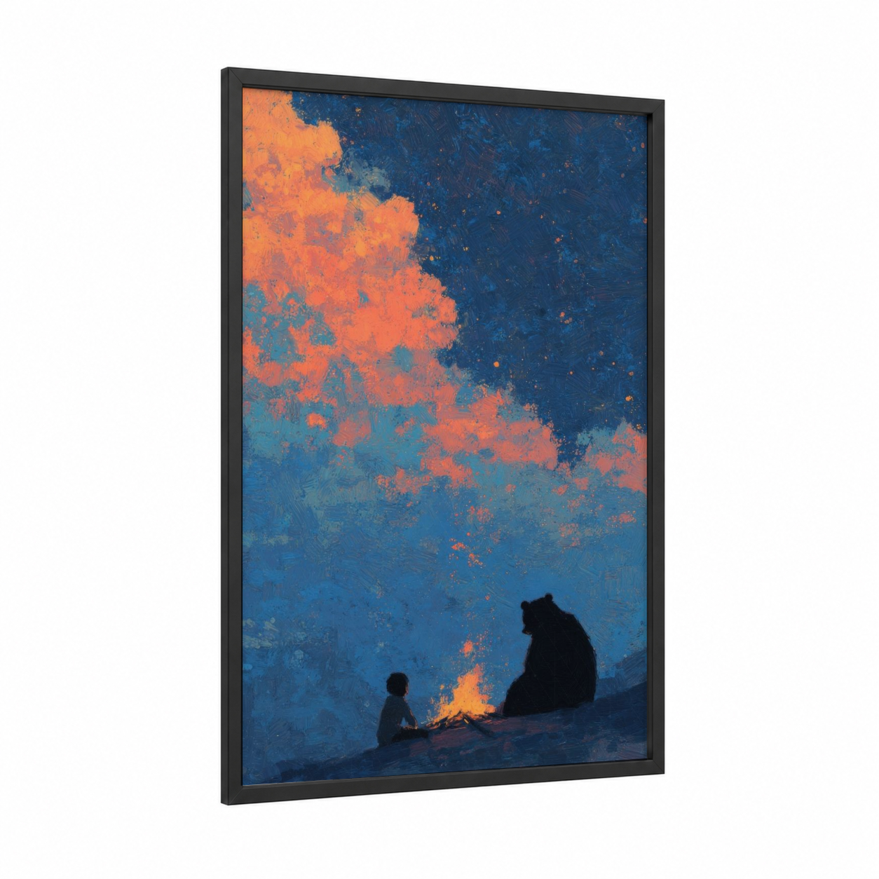 Campfire Wonder framed kids animals print — black wood frame — blue and gold palette