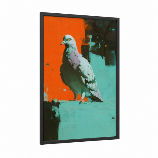 Cyan Urban Pigeon framed art print — black wood frame — orange and teal palette