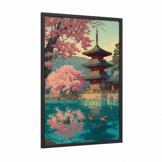 Pagoda Cherry Ducks framed art print — black wood frame — pink and teal palette