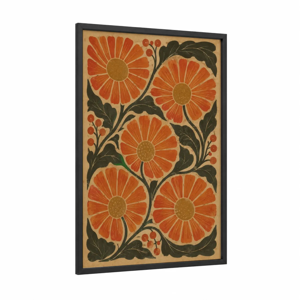 Vintage Floral Art Deco Wall Art framed flower print — black wood frame — orange and beige palette